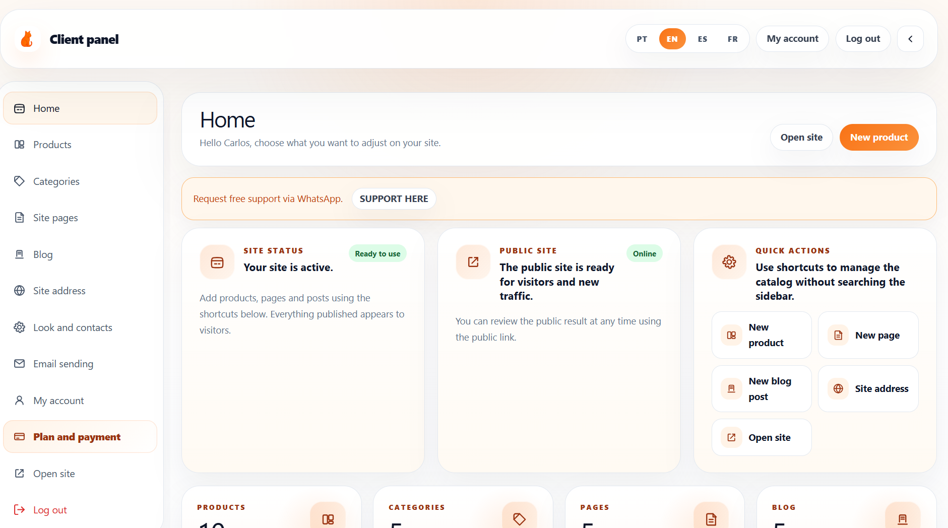 Painel do cliente do Catalat com idiomas PT, EN, ES e FR