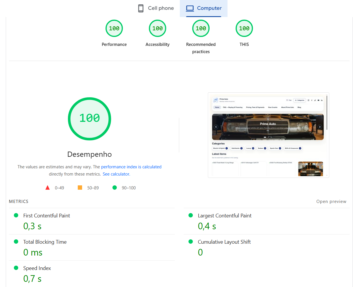 Auditoria PageSpeed no computador com nota 100 em desempenho, acessibilidade, práticas recomendadas e SEO