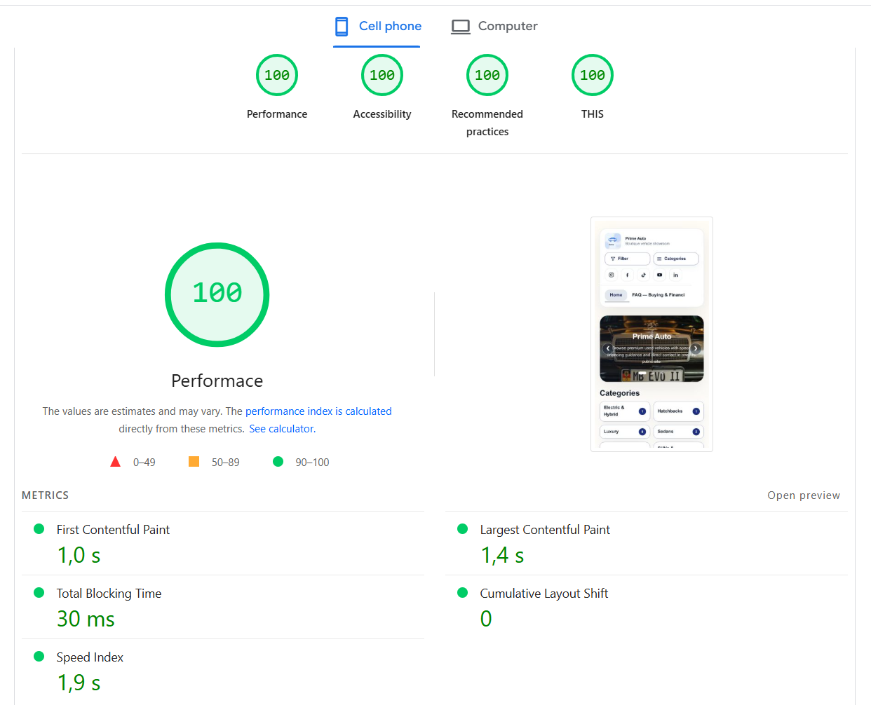 Auditoria PageSpeed no celular com nota 100 em desempenho, acessibilidade, práticas recomendadas e SEO